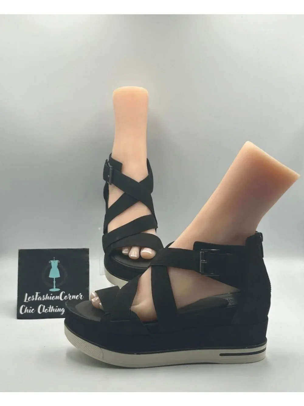Eileen Fisher Women's Black Suede Strappy Boost Wedge Sandal Size 9 3760